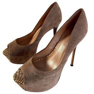 Jean-Michel Cazabat Taupe Suede Leather‎ Peep Toe Platform Stiletto Heels 37.5
